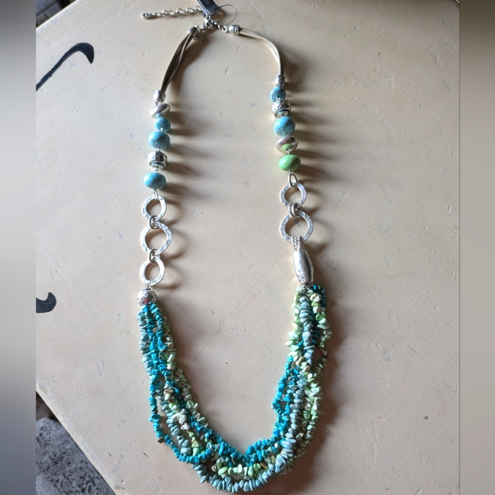 Chico's Centerstage Turquoise and Silver Long Beaded Necklace
